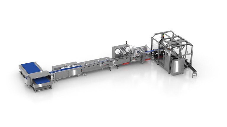 Snack bar packaging line with top loader