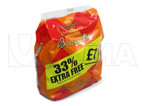 Chocolate biscuits packaging in flat bottom pack and film BOPP.