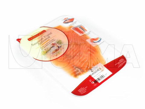 Salmon fillets "slice" foam material trays MAP packaging in tray sealing