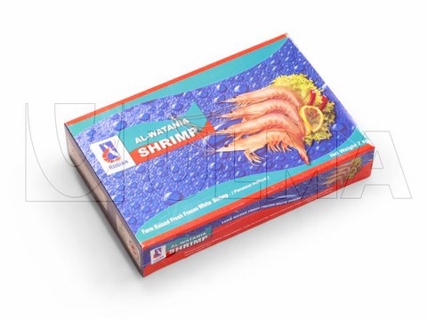 Packaging and shrinking of boxes of prawns  with polyolephine film