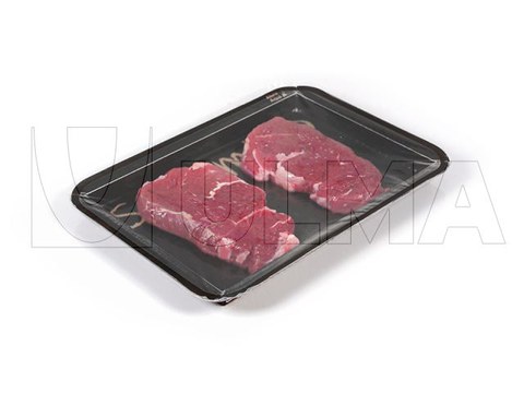 Sirloin packaging in traysealing with cardboard tray