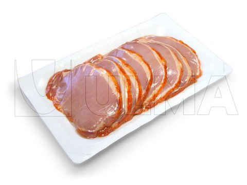 Sliced loin packaging in thermoforming in skin pack with rigid film
