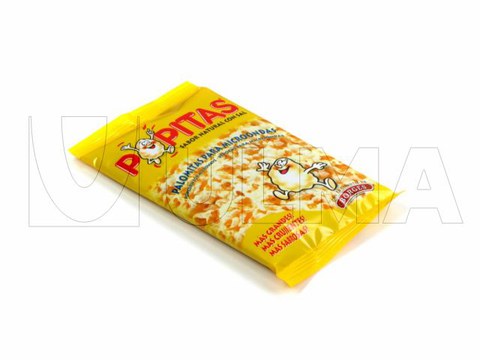 Microwave pop corn bag packaging in flow pack wrapper