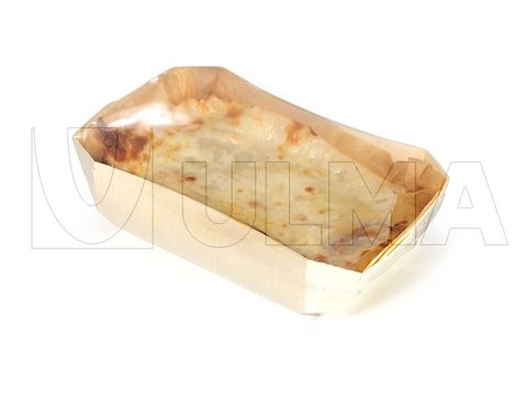 Lasagna in wooden tray packaging in flow pack (hffs) with barrier shrink film