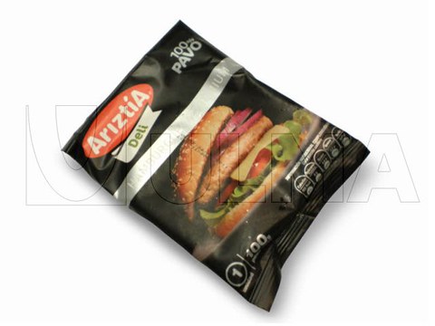 Envasado de hamburguesa de pavo en flow pack (hffs) en film BOPP