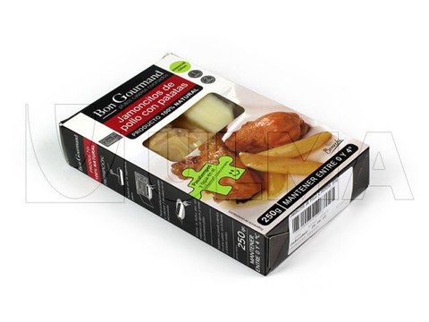 Envasado de jamoncitos de pollo asado con patatas en termoformado al vacío