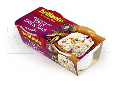 Envasado de arroz tres delicias en bandeja termosellada con atmósfera modificada (MAP)
