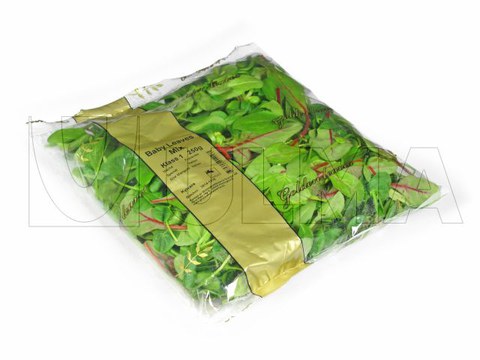 Envasado de hojas de espinaca y rúcula en vertical con atmósfera modificada (MAP)en film BOPP.