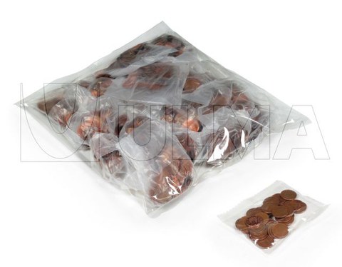 Envasado de monedas y agrupacion de bolsas en vertical en film LDPE.