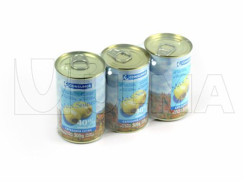 Envasado de agrupaciones de latas de aceitunas en flow pack