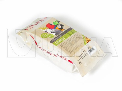 Envasado de alpiste para loros en fondo estable con soldadura lateral.