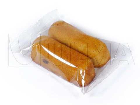 Envasado de dos bizcochitos con chocolate en flow pack (hffs)