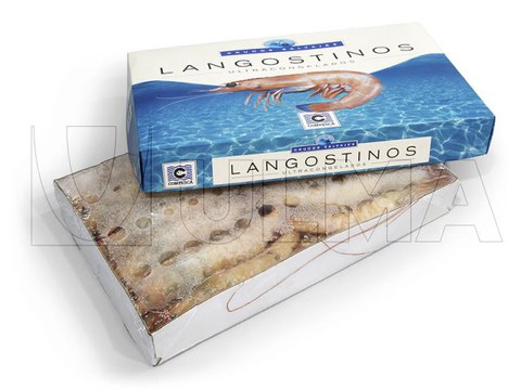 Envasado de langostinos congelados en caja en flow pack (hffs)