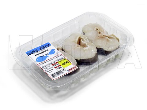 Envasado de congrio fresco en rodajas en bandeja termosellada